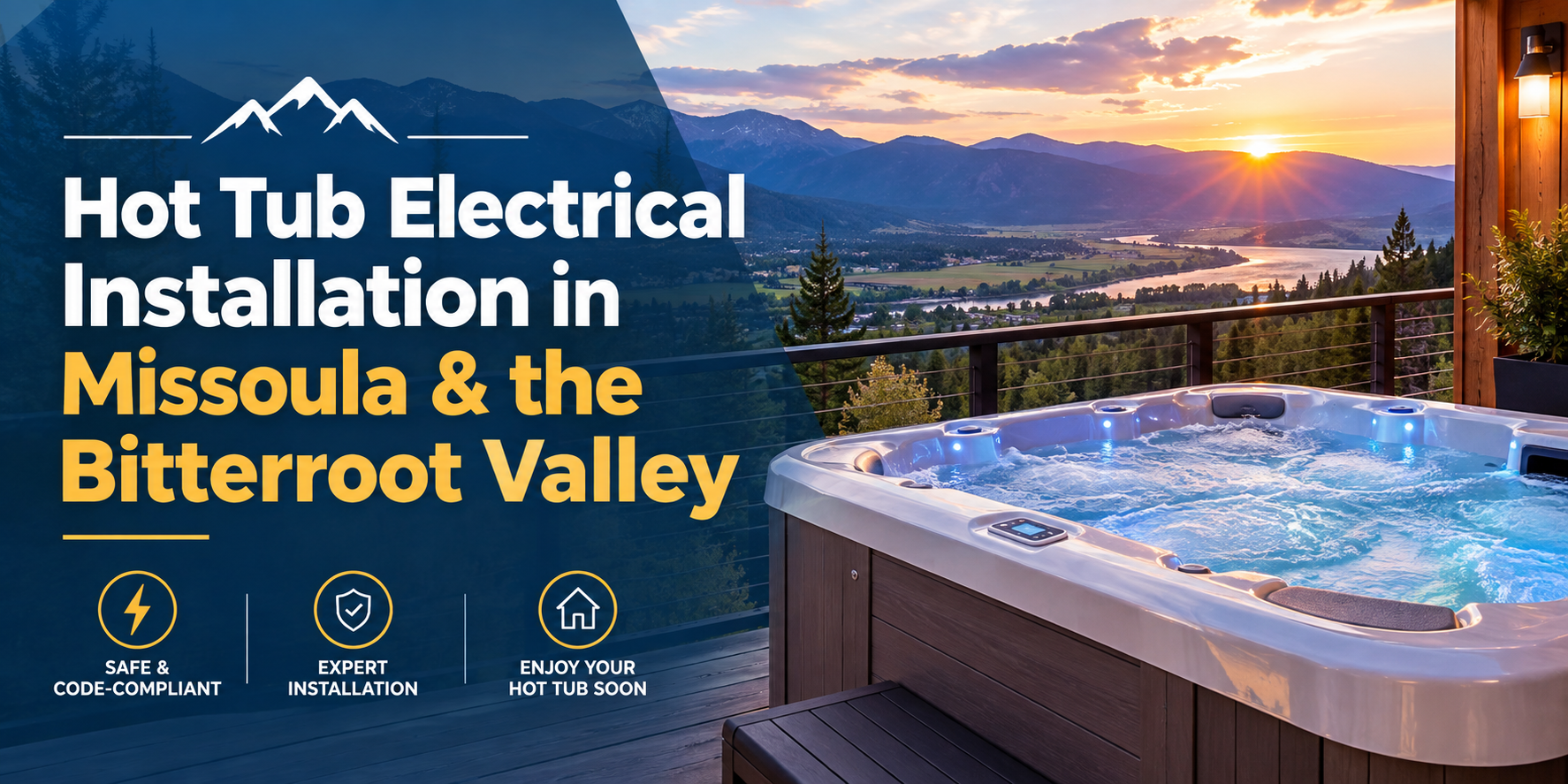 Licensed hot tub electrician in Missoula connecting a 240V GFCI disconnect beside a backyard hot tub in winter