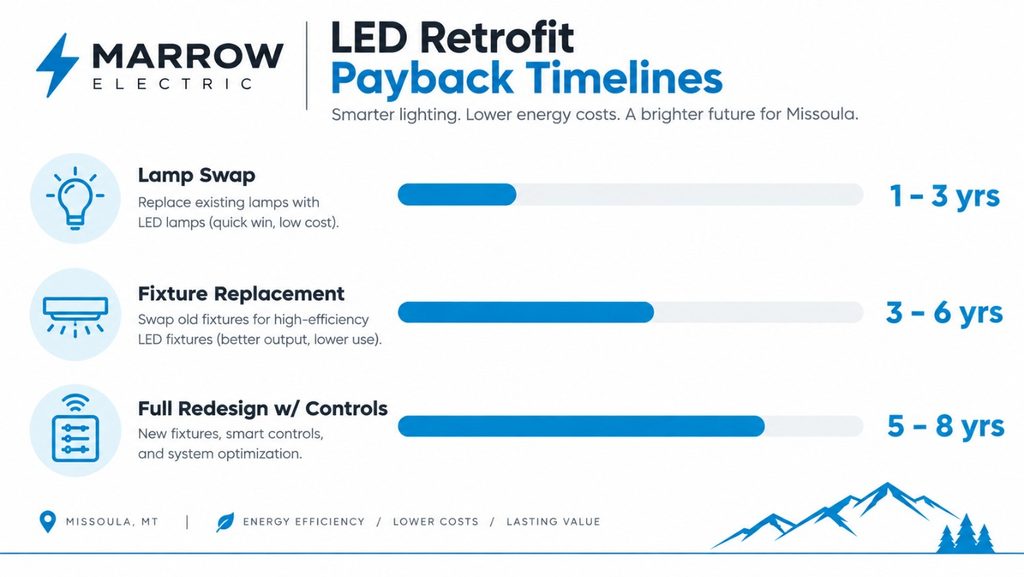 Infographic comparing LED lighting retrofit payback timelines for Missoula commercial buildings