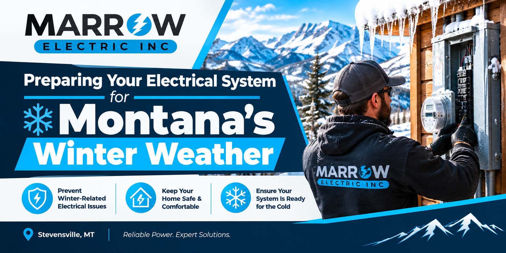 Missoula electrician checking an outdoor electrical panel and service line on a snowy Montana home before winter storms